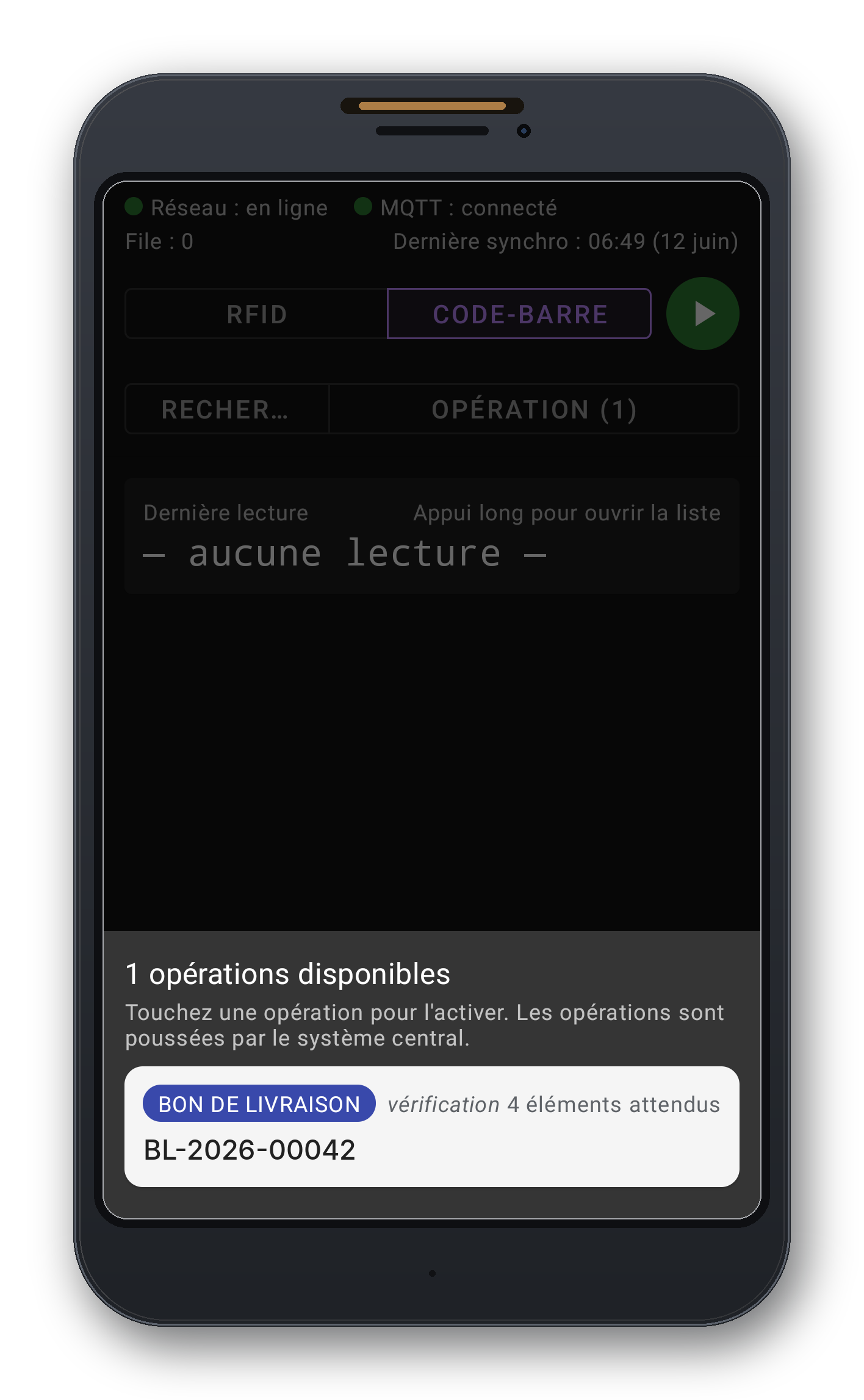 Sélection d'une opération dans l'application Aptitude IoT sur Chainway C72, poussée depuis ERPNext.