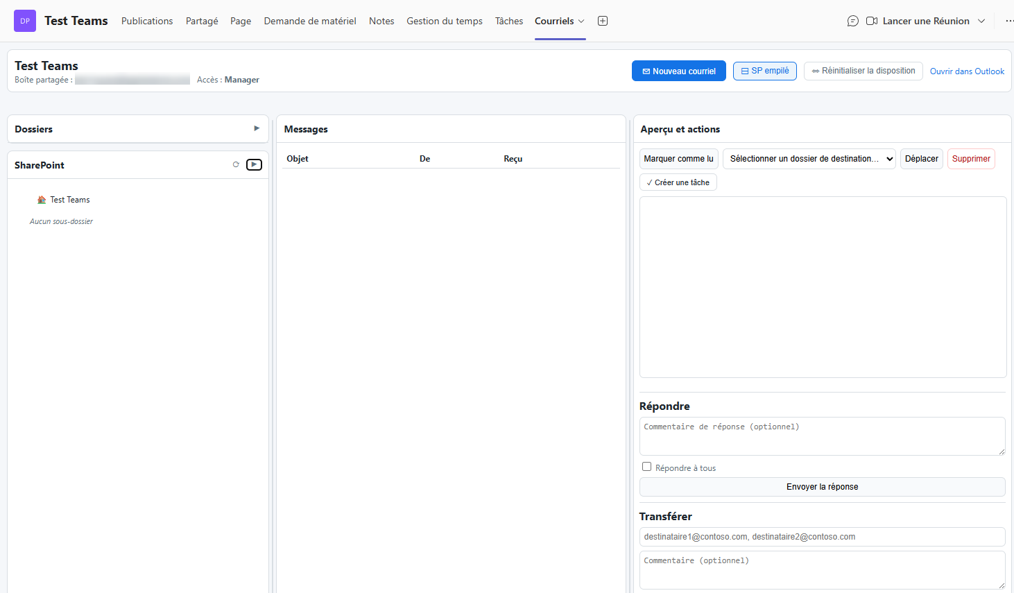 Onglet Courriels dans Microsoft Teams : boîte partagée du projet avec classement SharePoint.
