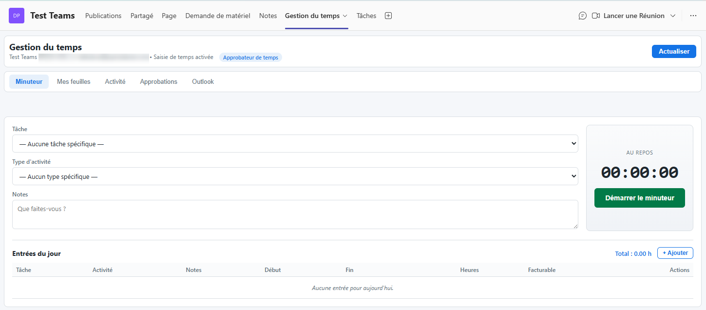 Onglet Gestion du temps dans Microsoft Teams : minuteur, feuilles de temps et approbations servis par ERPNext.