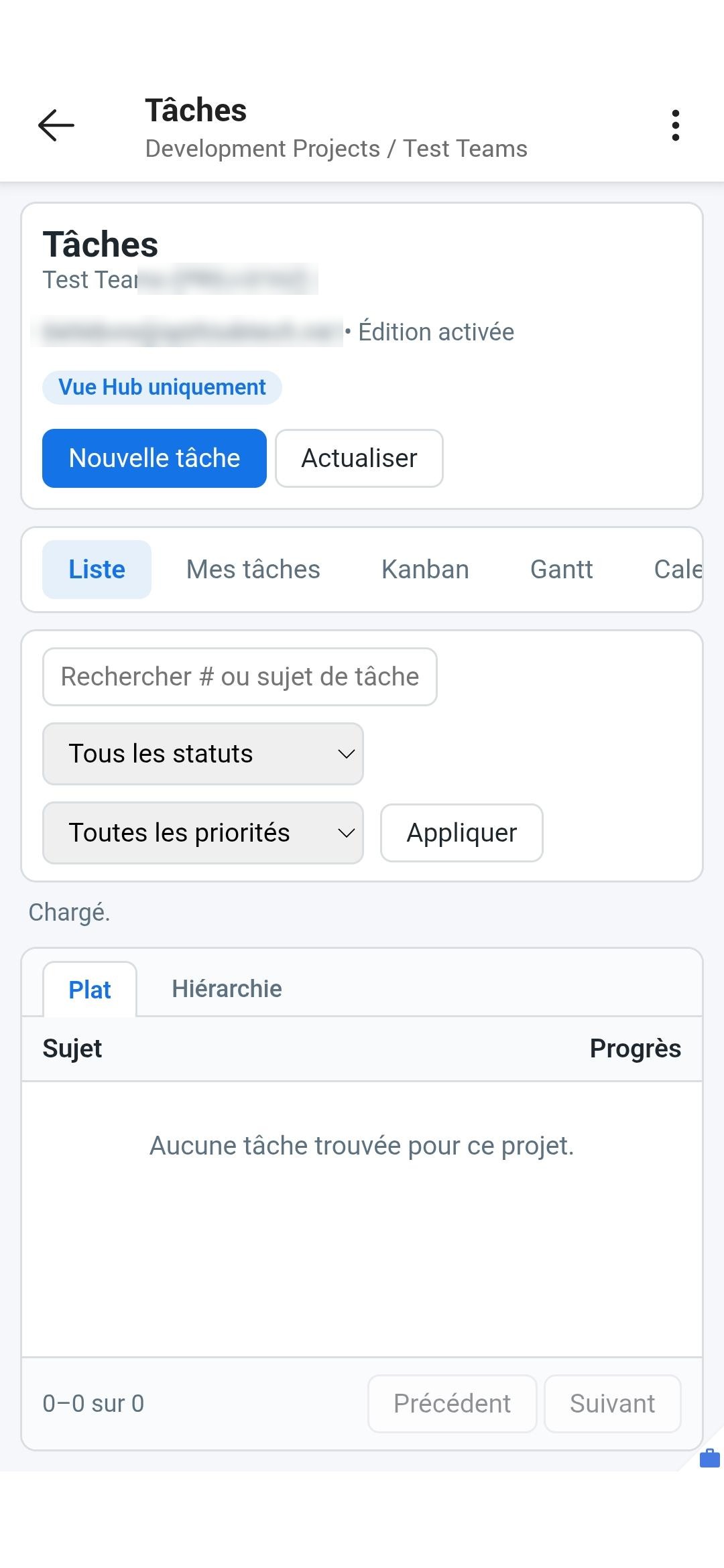 Onglet Tâches dans Microsoft Teams sur mobile : liste, Kanban et Gantt du projet servis par ERPNext.